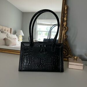 Mini Black Leather Shoulder Purse with Bow